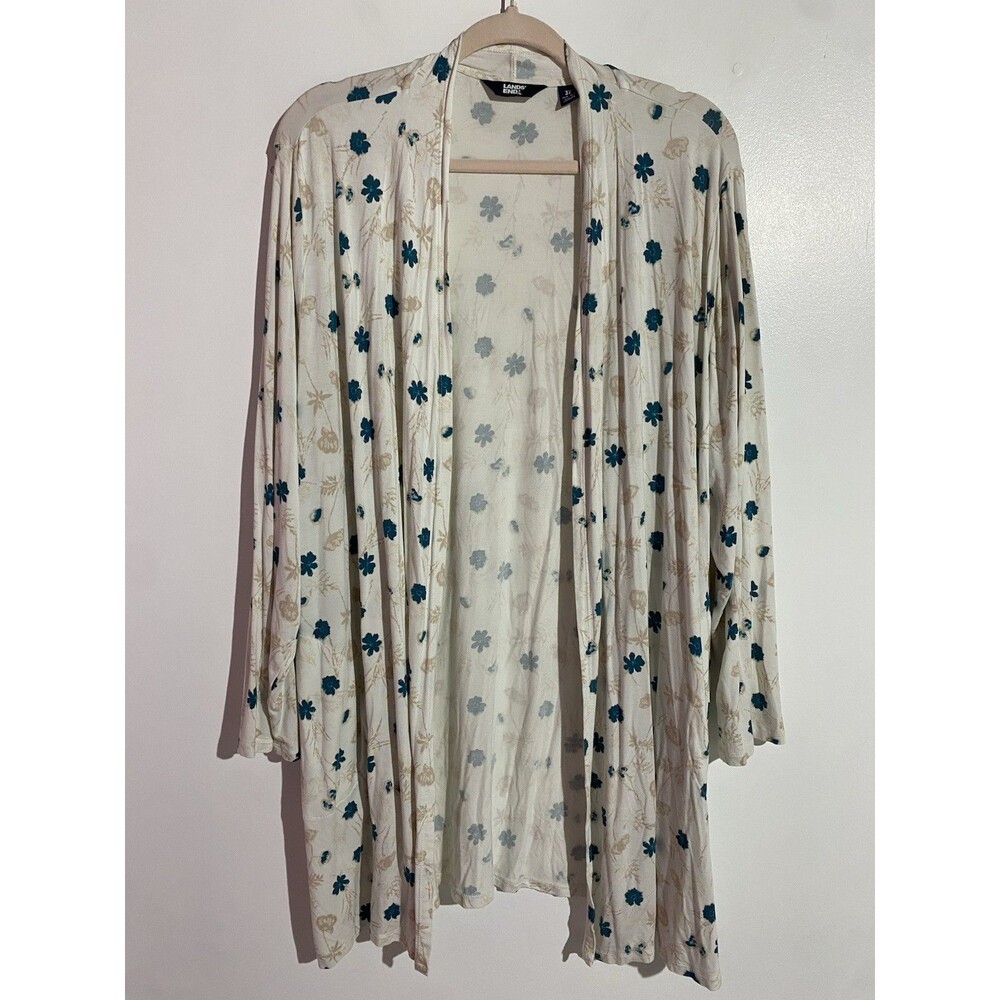 Lands End Cardigan 3X Cream Floral Liquid Knit Travel‎ Office Open Duster Topper